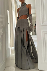 Set aus ärmelloser Weste mit Stehkragen und Rock mit hoher Taille